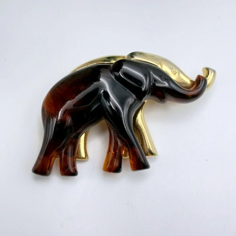 Vintage Liz Claiborne Elephant Brooch Faux Tortoiseshell Lucite Gold Tone Pin